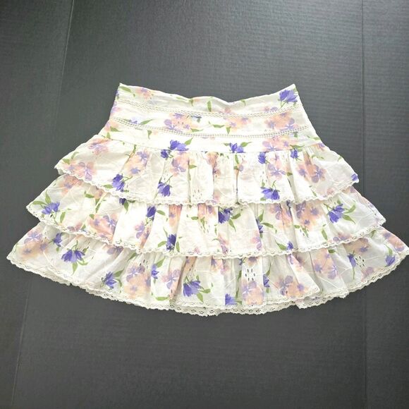 Zara Mini Skirt Women's Size Small White Floral Tiered Ruffles Eyelet Lace Boho - Picture 2 of 10